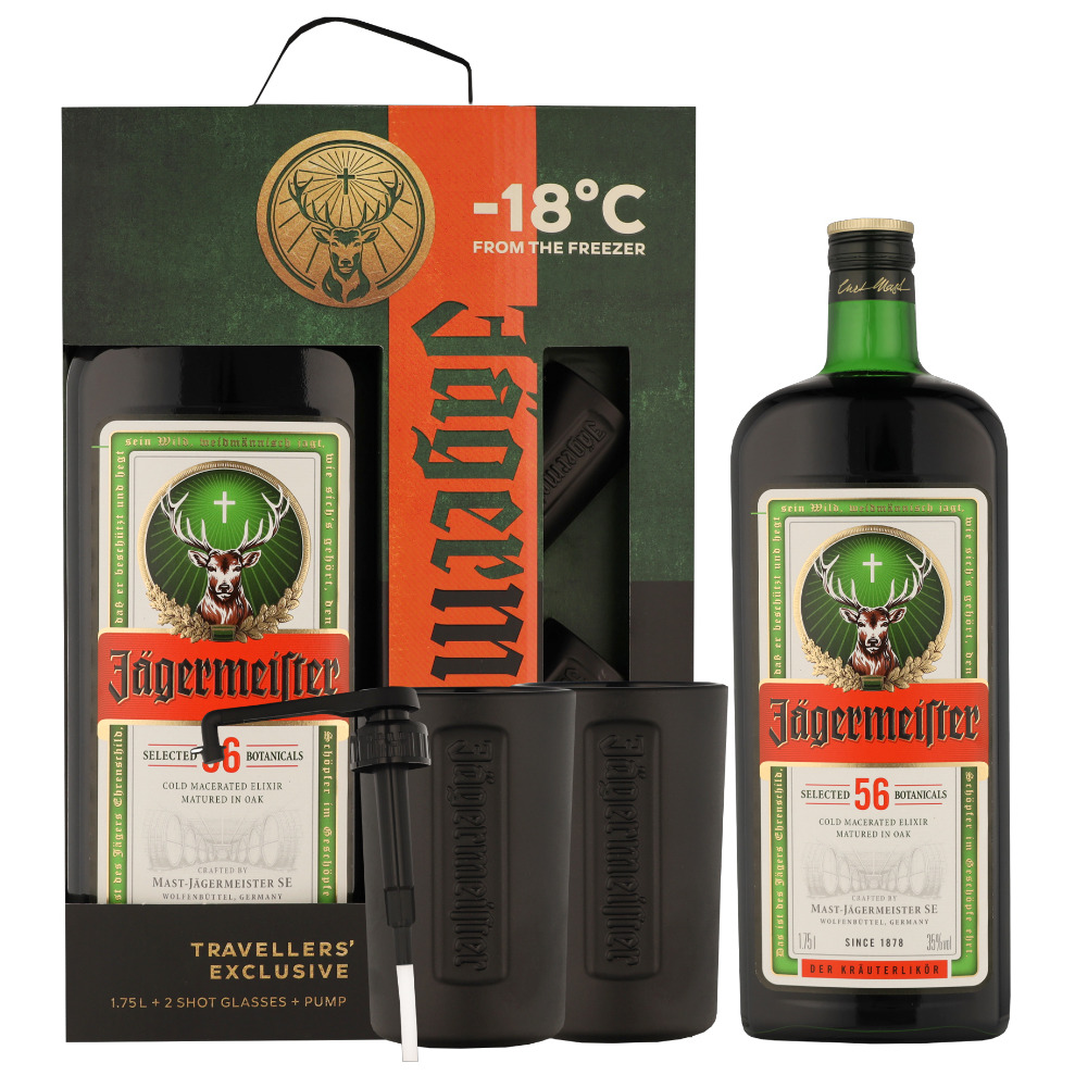 Jagermeister Giftpack met 2 Shot Glazen met Pomp 1,75 liter